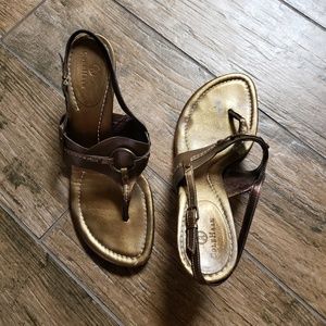 Cole Haan open toed pumps gold w/ 3" wood heels